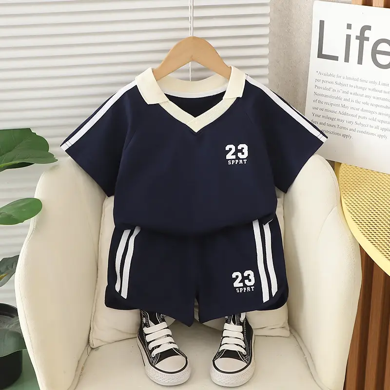 Kids Short Sleeve Suit Black Beige Korean Style - Image 9