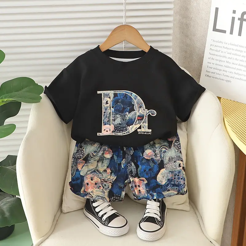 Kids Short Sleeve Suit Black Beige Korean Style - Image 20