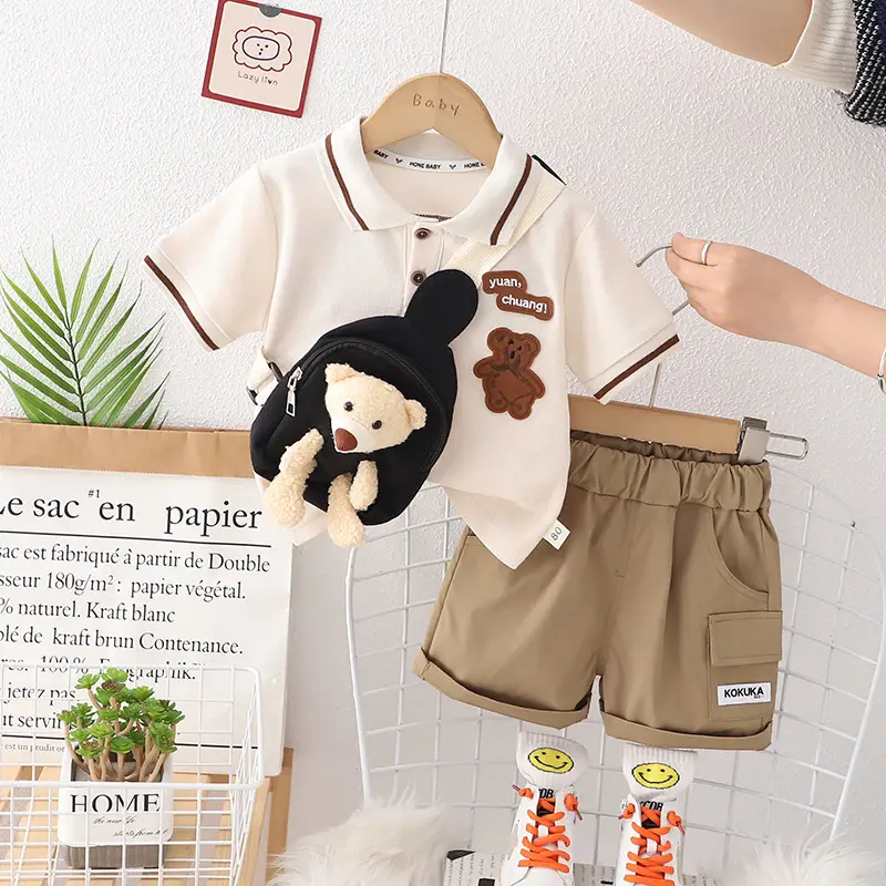 Kids Short Sleeve Suit Black Beige Korean Style - Image 2