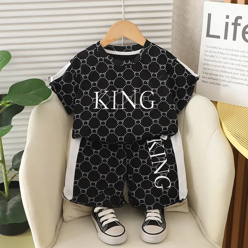Kids Short Sleeve Suit Black Beige Korean Style - Image 4