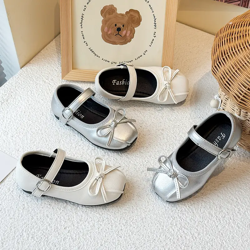 2025 Girls Silver Bow Princess Shoes for Baby Toddler