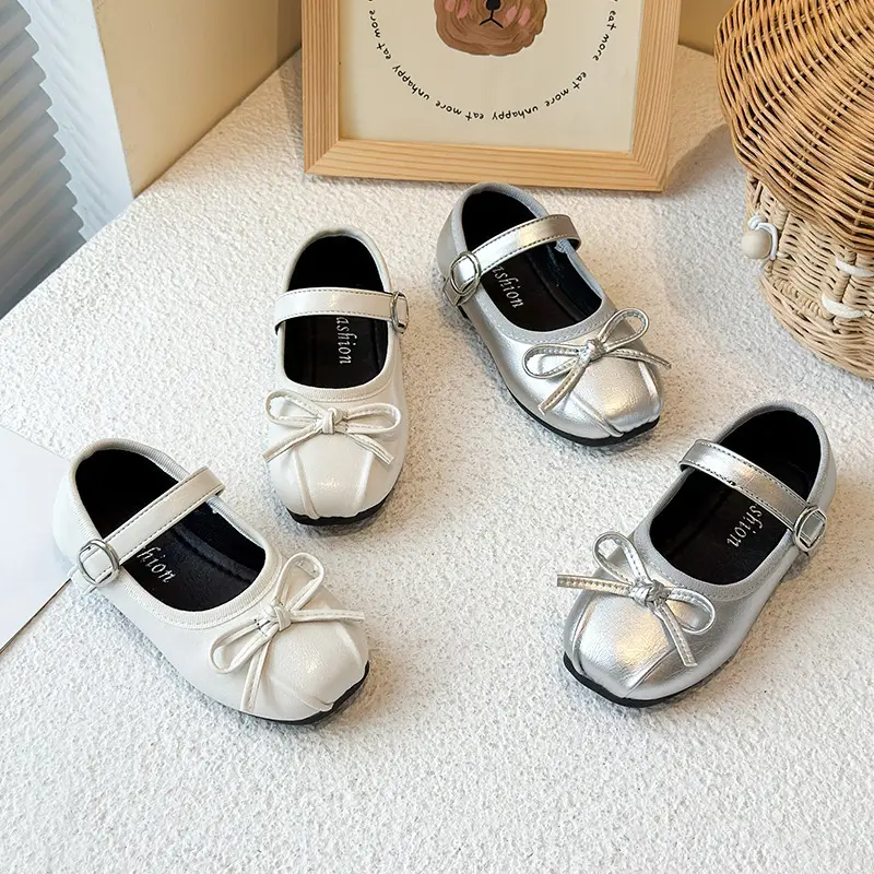 2025 Girls Silver Bow Princess Shoes for Baby Toddler