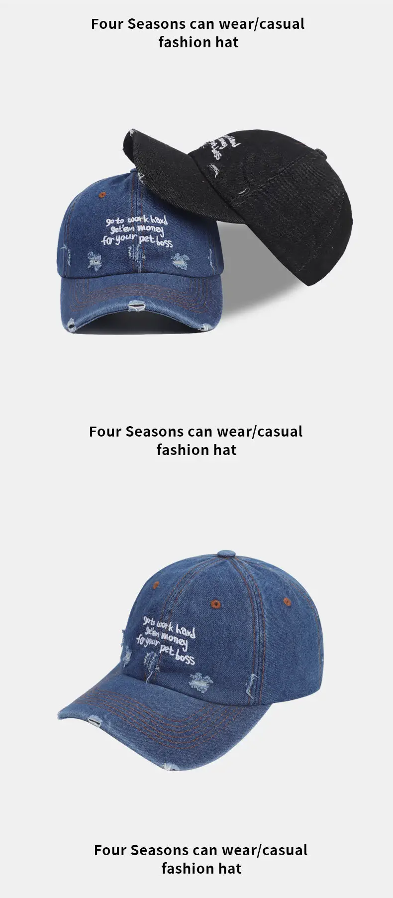 American Letter Denim Baseball Cap for Women with Wide Brim — feature 12
