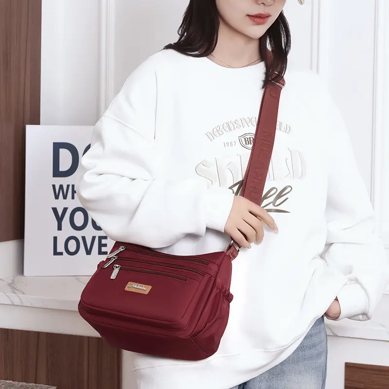 Maroon Oxford Crossbody Bag with Zip Pockets for Women - Image 10