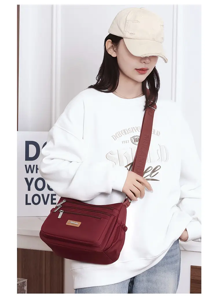 Maroon Oxford Crossbody Bag with Zip Pockets for Women — feature 18