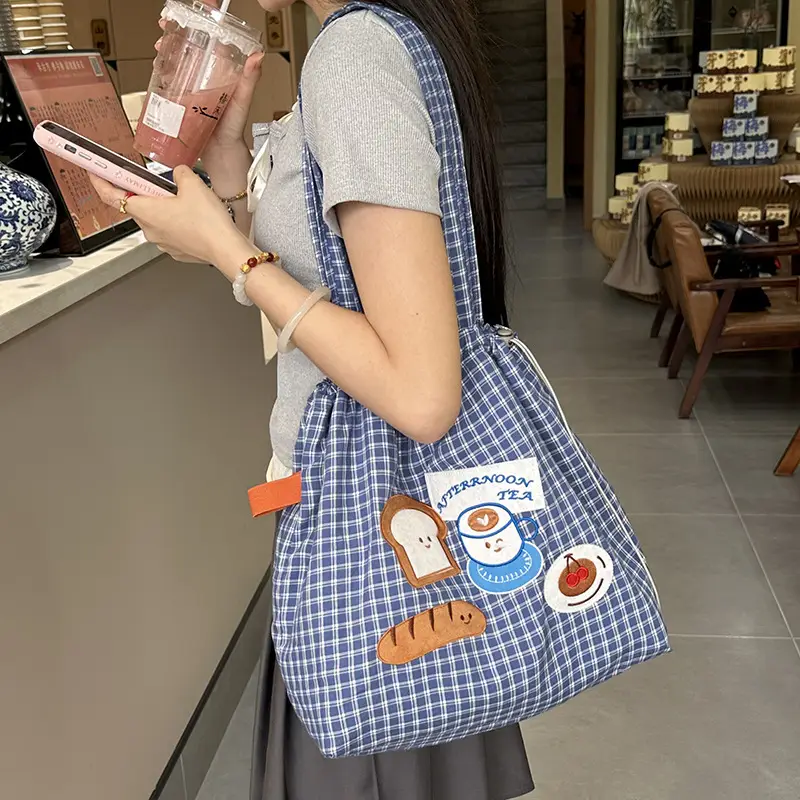 Cute Puppy Canvas Bag Blue Checkered Large Capacity - Image 3