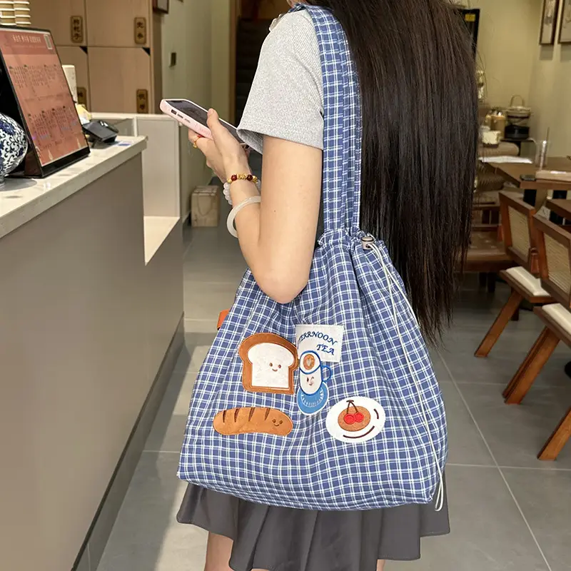 Cute Puppy Canvas Bag Blue Checkered Large Capacity - Image 4