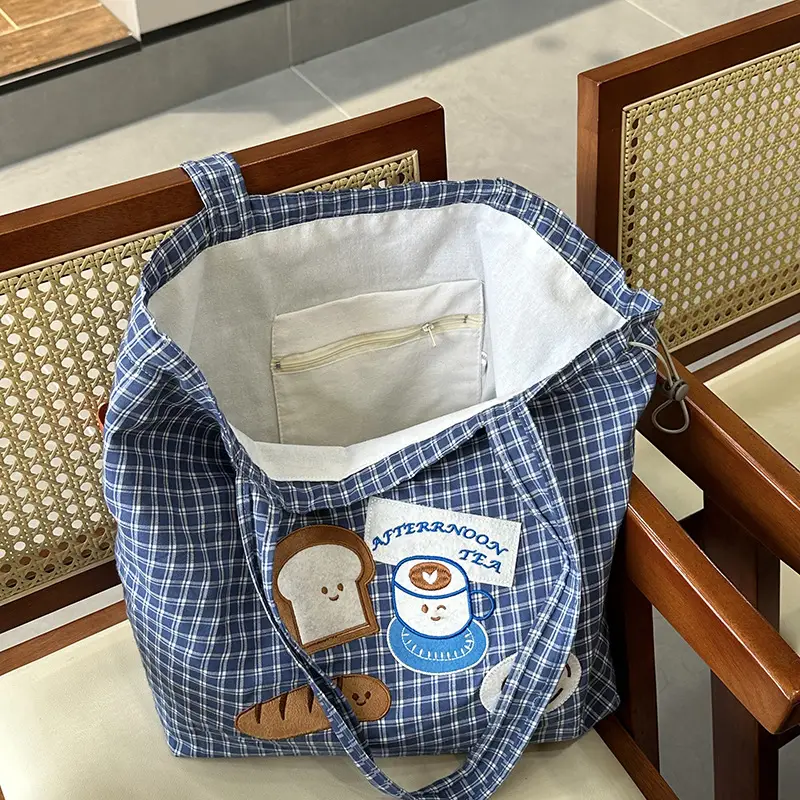 Cute Puppy Canvas Bag Blue Checkered Large Capacity - Image 6