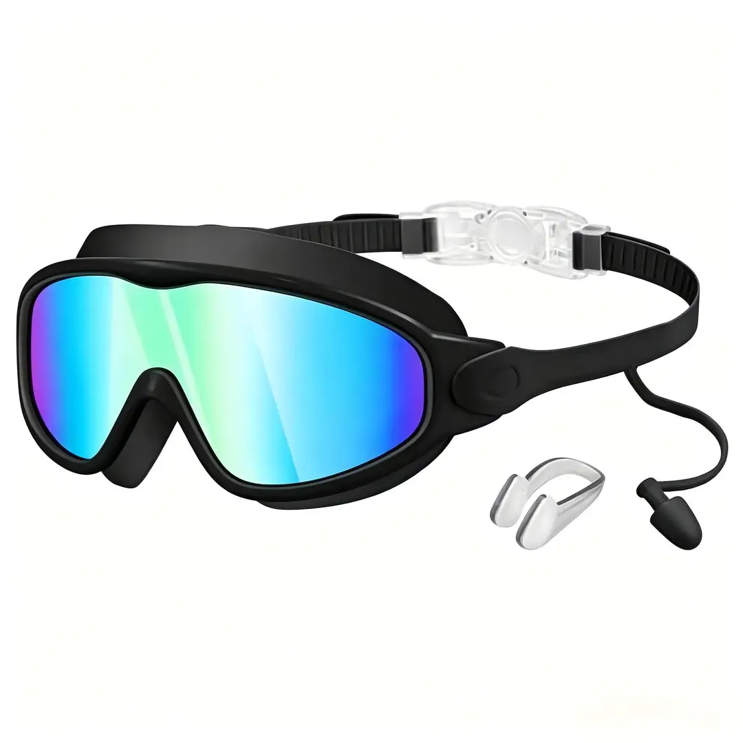 Cross-Border Hot-Selling Large-Frame Swimming Goggles, High-Definition, Waterproof, Anti-Fog, Unisex, Adult Electroplated Swimming Goggles with Integrated Earplugs