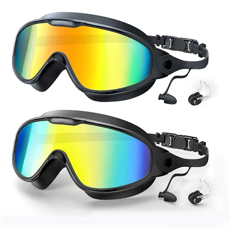 Cross-Border Hot-Selling Large-Frame Swimming Goggles, High-Definition, Waterproof, Anti-Fog, Unisex, Adult Electroplated Swimming Goggles with Integrated Earplugs