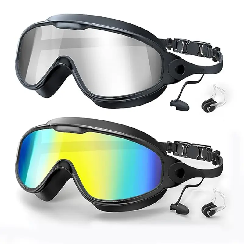 Cross-Border Hot-Selling Large-Frame Swimming Goggles, High-Definition, Waterproof, Anti-Fog, Unisex, Adult Electroplated Swimming Goggles with Integrated Earplugs