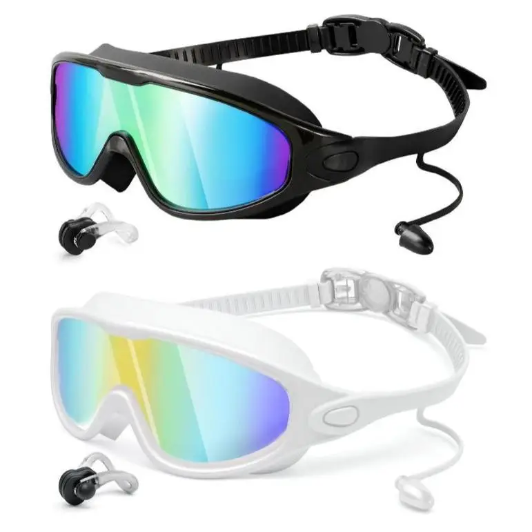 Cross-Border Hot-Selling Large-Frame Swimming Goggles, High-Definition, Waterproof, Anti-Fog, Unisex, Adult Electroplated Swimming Goggles with Integrated Earplugs