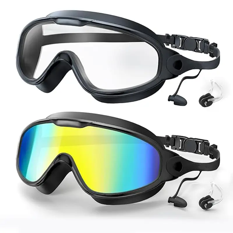 Cross-Border Hot-Selling Large-Frame Swimming Goggles, High-Definition, Waterproof, Anti-Fog, Unisex, Adult Electroplated Swimming Goggles with Integrated Earplugs