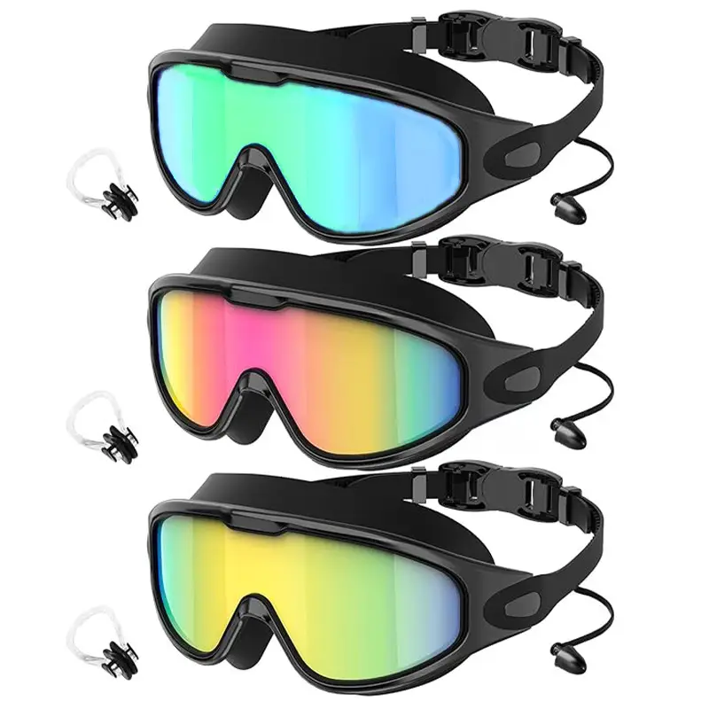 Cross-Border Hot-Selling Large-Frame Swimming Goggles, High-Definition, Waterproof, Anti-Fog, Unisex, Adult Electroplated Swimming Goggles with Integrated Earplugs