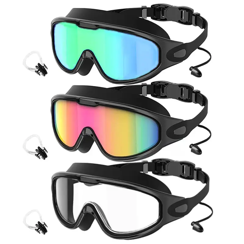 Cross-Border Hot-Selling Large-Frame Swimming Goggles, High-Definition, Waterproof, Anti-Fog, Unisex, Adult Electroplated Swimming Goggles with Integrated Earplugs