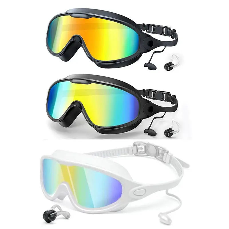 Cross-Border Hot-Selling Large-Frame Swimming Goggles, High-Definition, Waterproof, Anti-Fog, Unisex, Adult Electroplated Swimming Goggles with Integrated Earplugs