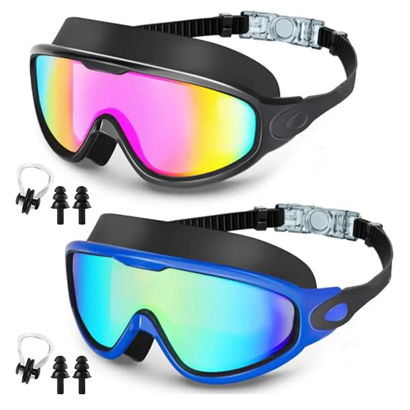 Cross-Border Hot-Selling Large-Frame Swimming Goggles, High-Definition, Waterproof, Anti-Fog, Unisex, Adult Electroplated Swimming Goggles with Integrated Earplugs