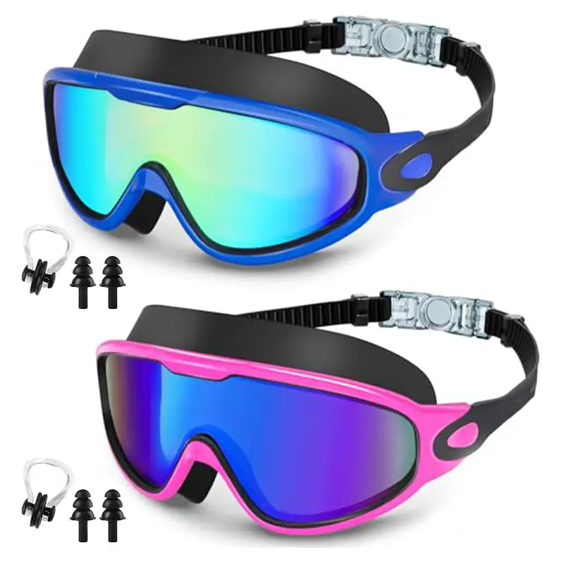 Cross-Border Hot-Selling Large-Frame Swimming Goggles, High-Definition, Waterproof, Anti-Fog, Unisex, Adult Electroplated Swimming Goggles with Integrated Earplugs