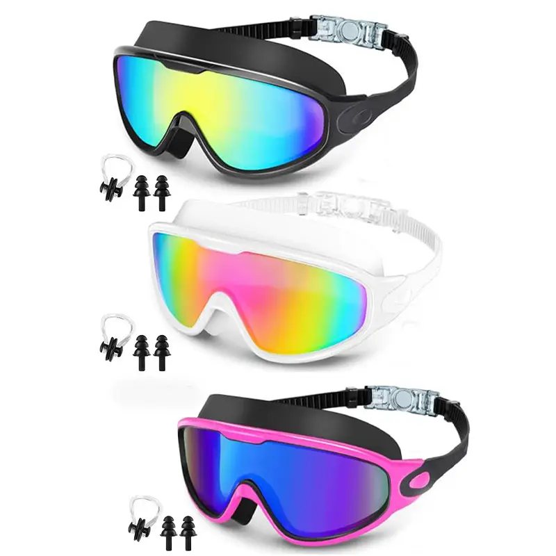 Cross-Border Hot-Selling Large-Frame Swimming Goggles, High-Definition, Waterproof, Anti-Fog, Unisex, Adult Electroplated Swimming Goggles with Integrated Earplugs