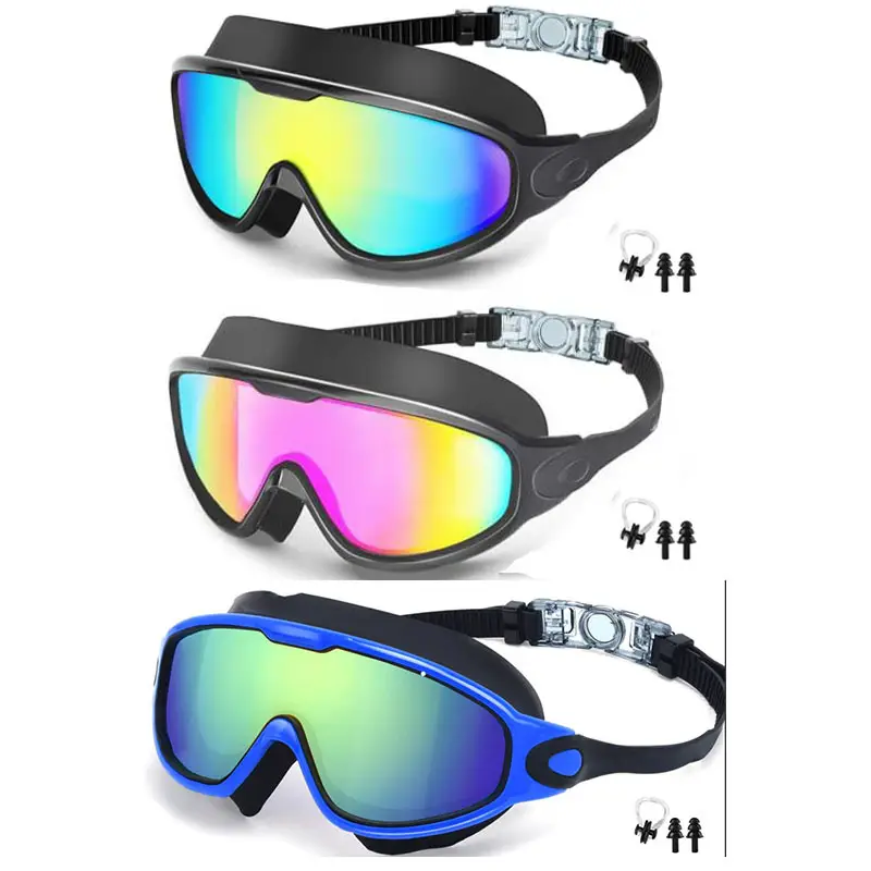 Cross-Border Hot-Selling Large-Frame Swimming Goggles, High-Definition, Waterproof, Anti-Fog, Unisex, Adult Electroplated Swimming Goggles with Integrated Earplugs