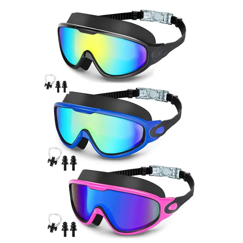 Cross-Border Hot-Selling Large-Frame Swimming Goggles, High-Definition, Waterproof, Anti-Fog, Unisex, Adult Electroplated Swimming Goggles with Integrated Earplugs