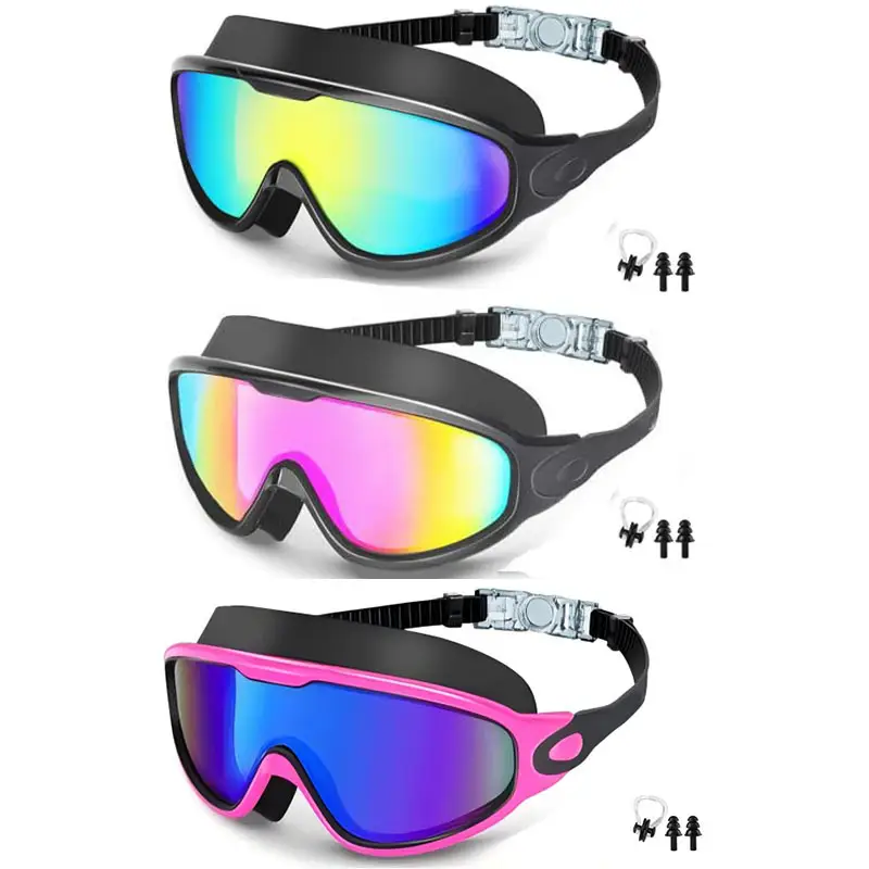Cross-Border Hot-Selling Large-Frame Swimming Goggles, High-Definition, Waterproof, Anti-Fog, Unisex, Adult Electroplated Swimming Goggles with Integrated Earplugs