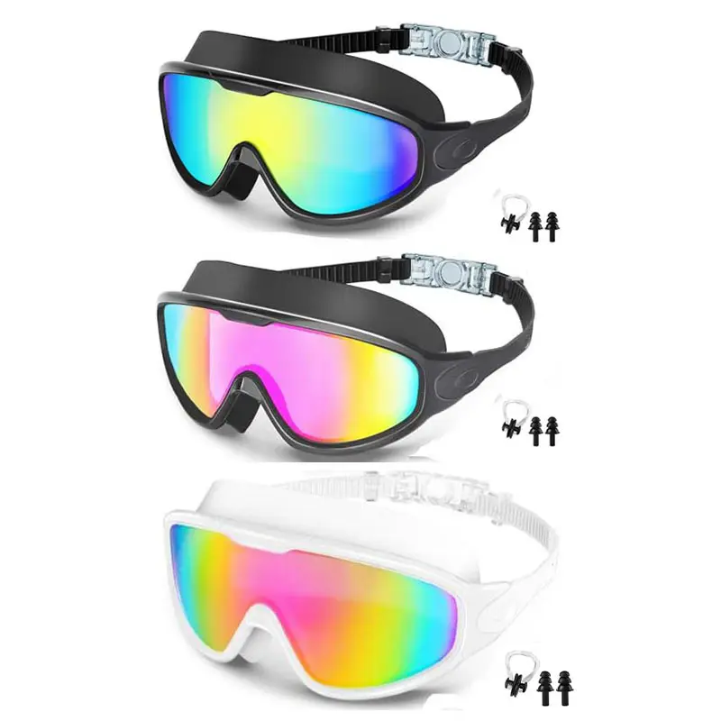 Cross-Border Hot-Selling Large-Frame Swimming Goggles, High-Definition, Waterproof, Anti-Fog, Unisex, Adult Electroplated Swimming Goggles with Integrated Earplugs