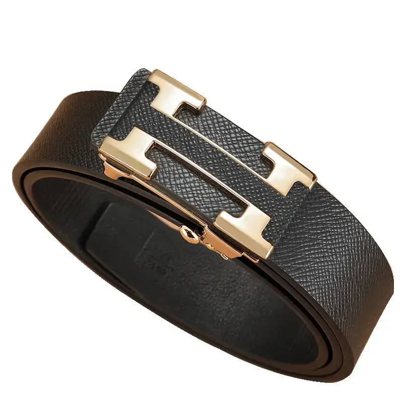 Men's Black Leather Belt with Gold Toothless Buckle - Image 5