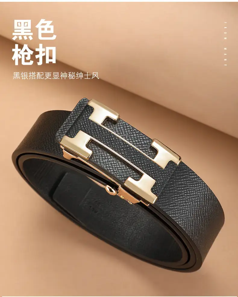 Men's Black Leather Belt with Gold Toothless Buckle — feature 18