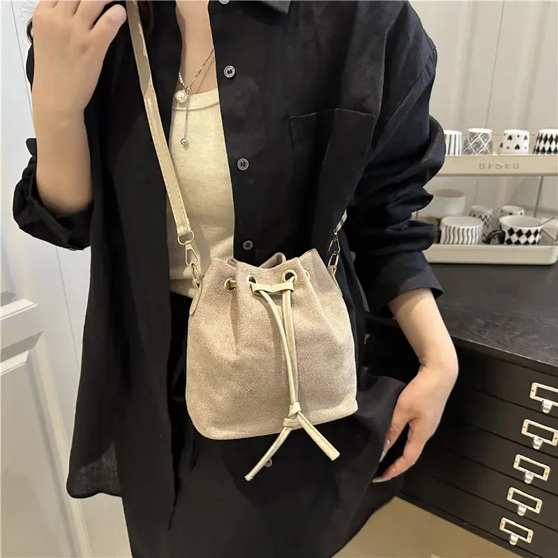 Trendy Beige Suede Bucket Crossbody Bag for Women - Image 5