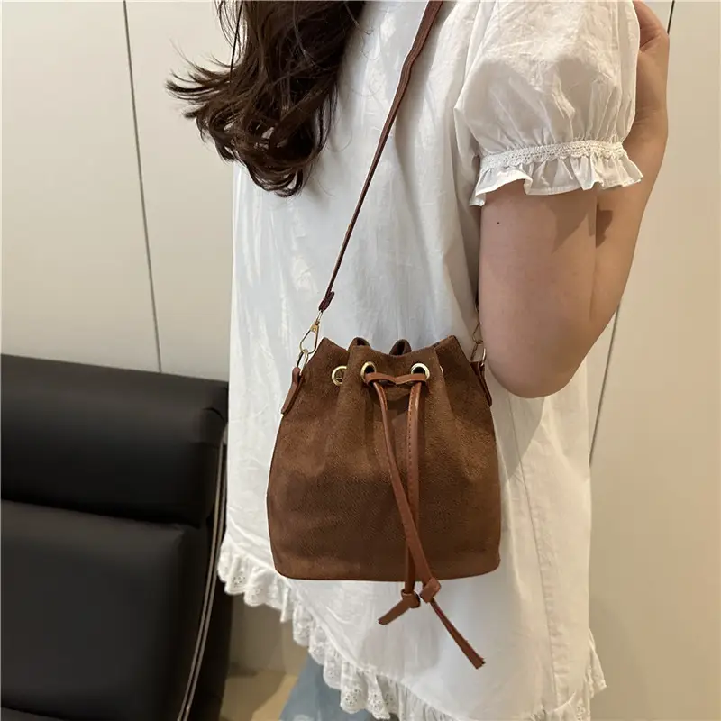 Trendy Beige Suede Bucket Crossbody Bag for Women - Image 6