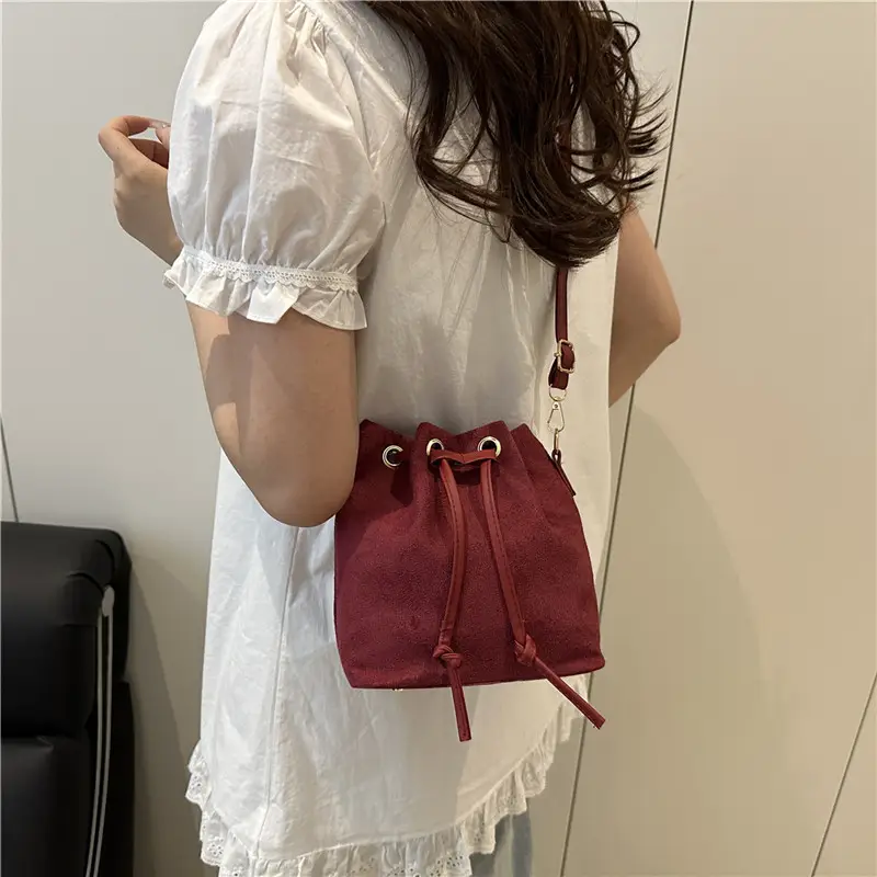 Trendy Beige Suede Bucket Crossbody Bag for Women - Image 7