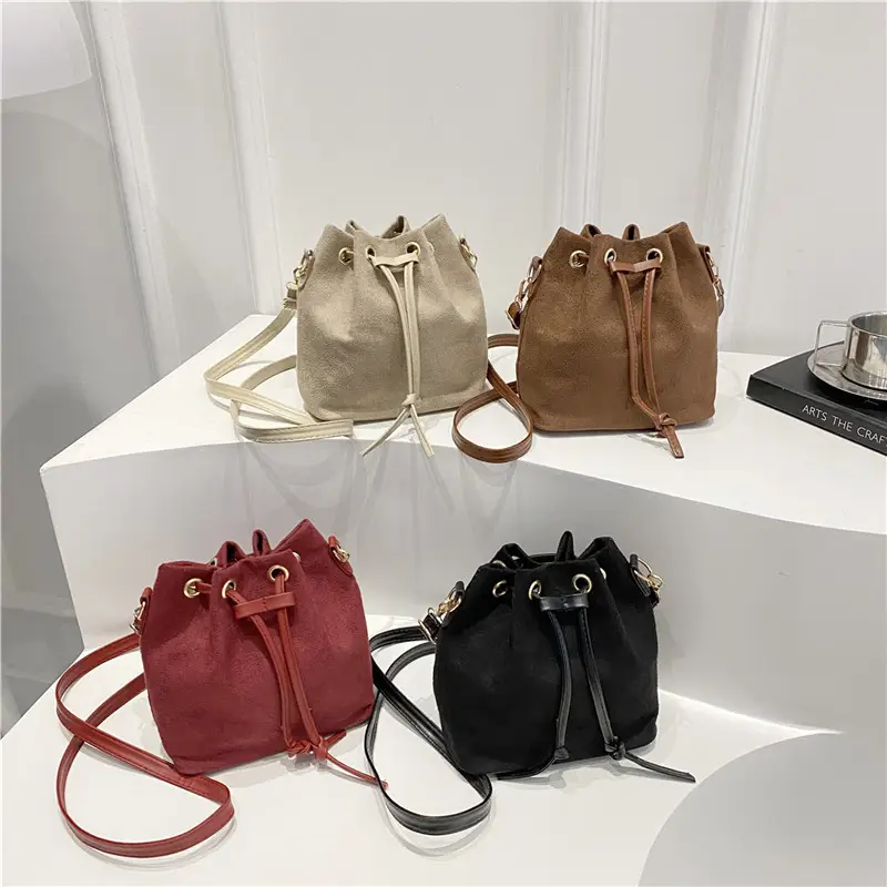 Trendy Beige Suede Bucket Crossbody Bag for Women - Image 8