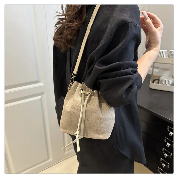 Trendy Beige Suede Bucket Crossbody Bag for Women — feature 12