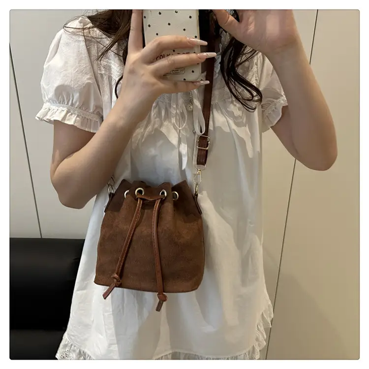 Trendy Beige Suede Bucket Crossbody Bag for Women — feature 15