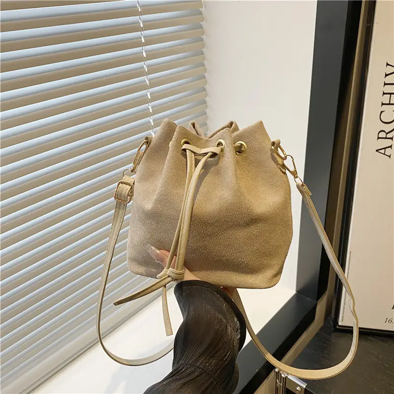 Trendy Beige Suede Bucket Crossbody Bag for Women - Image 2
