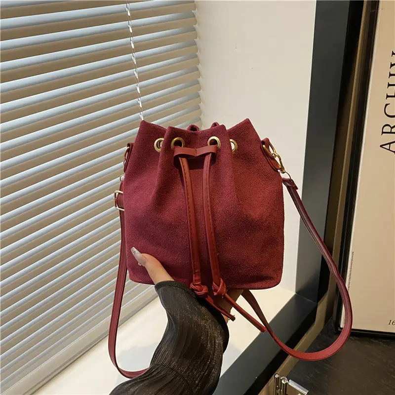 Trendy Beige Suede Bucket Crossbody Bag for Women - Image 3