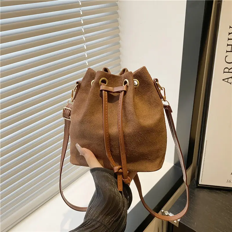 Trendy Beige Suede Bucket Crossbody Bag for Women - Image 4