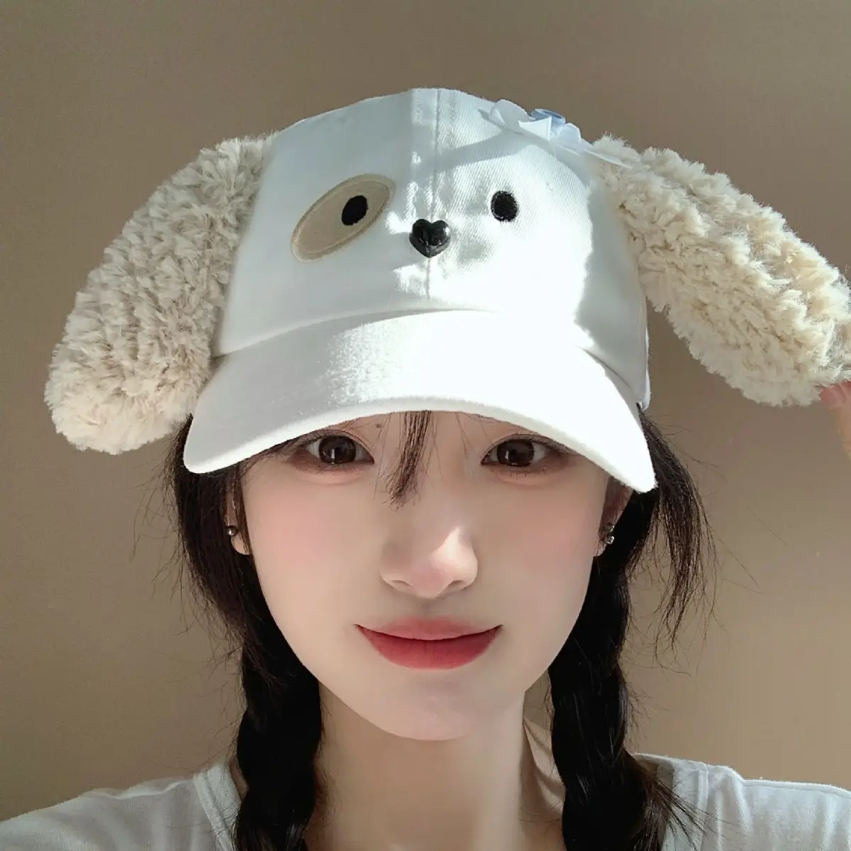 White Plush Bow Cap with Face-Showing Design for Women