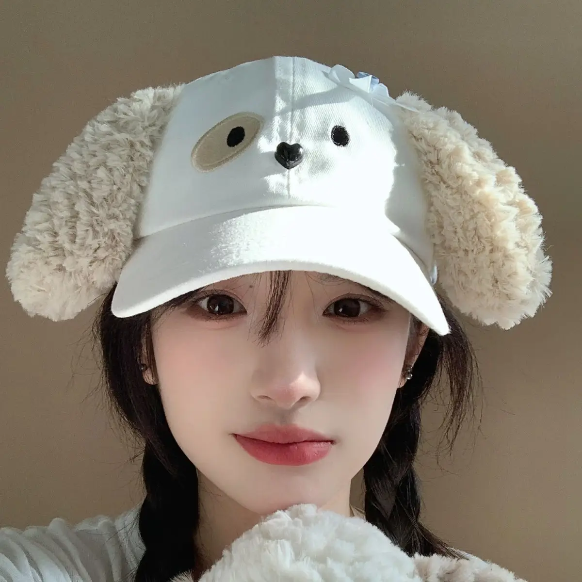 White Plush Bow Cap with Face-Showing Design for Women