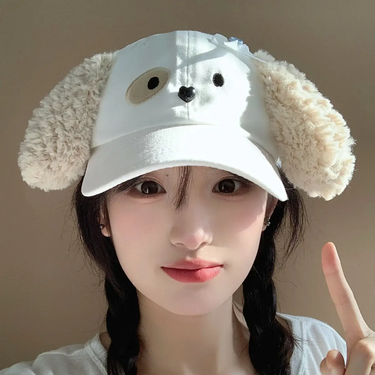White Plush Bow Cap with Face-Showing Design for Women