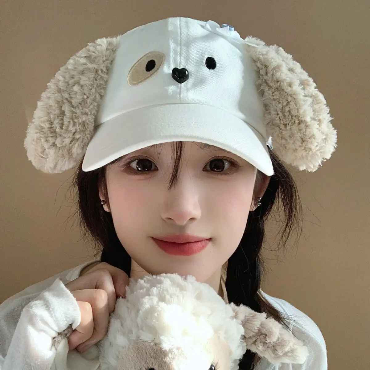 White Plush Bow Cap with Face-Showing Design for Women