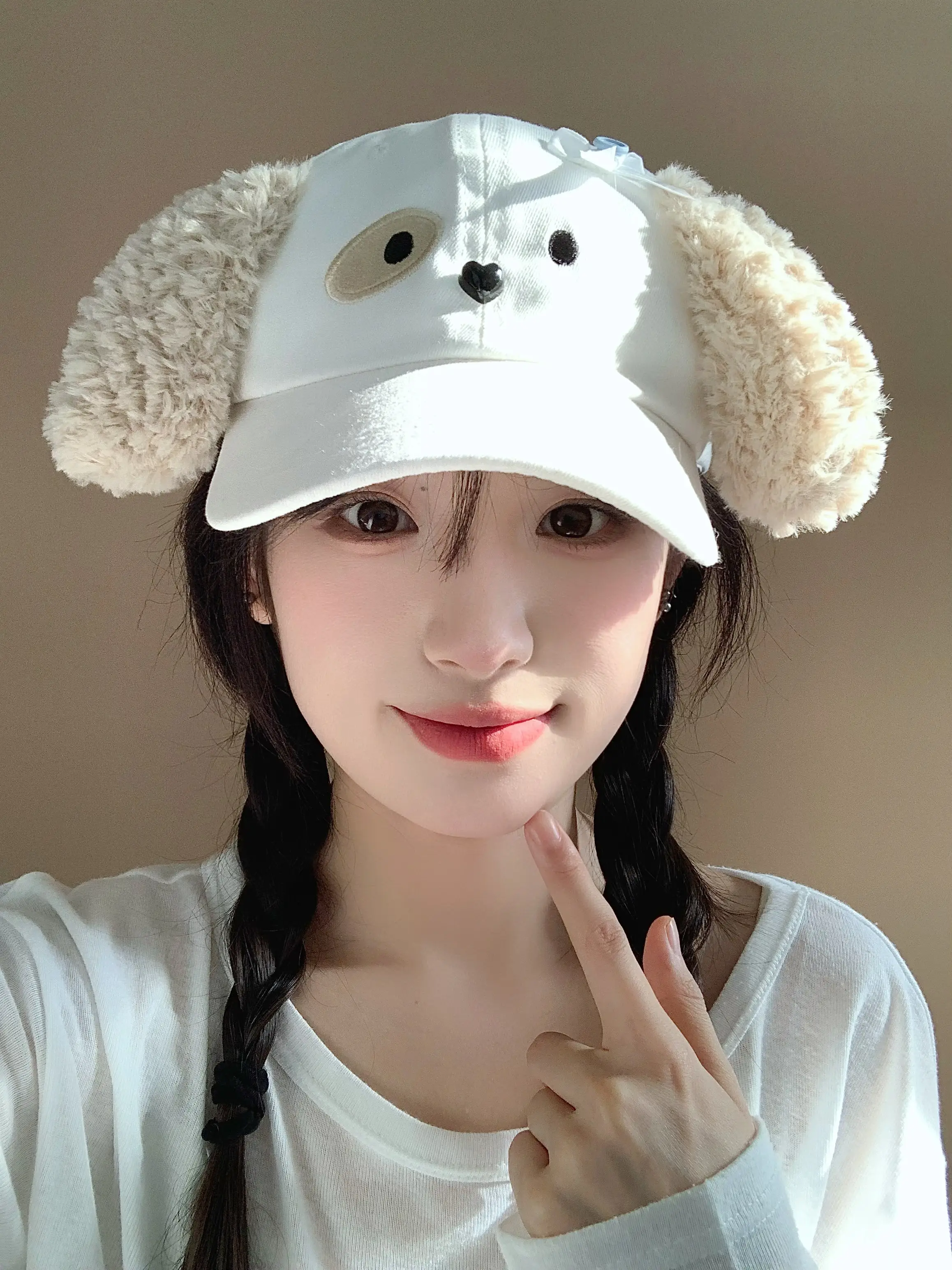 White Plush Bow Cap with Face-Showing Design for Women — feature 1
