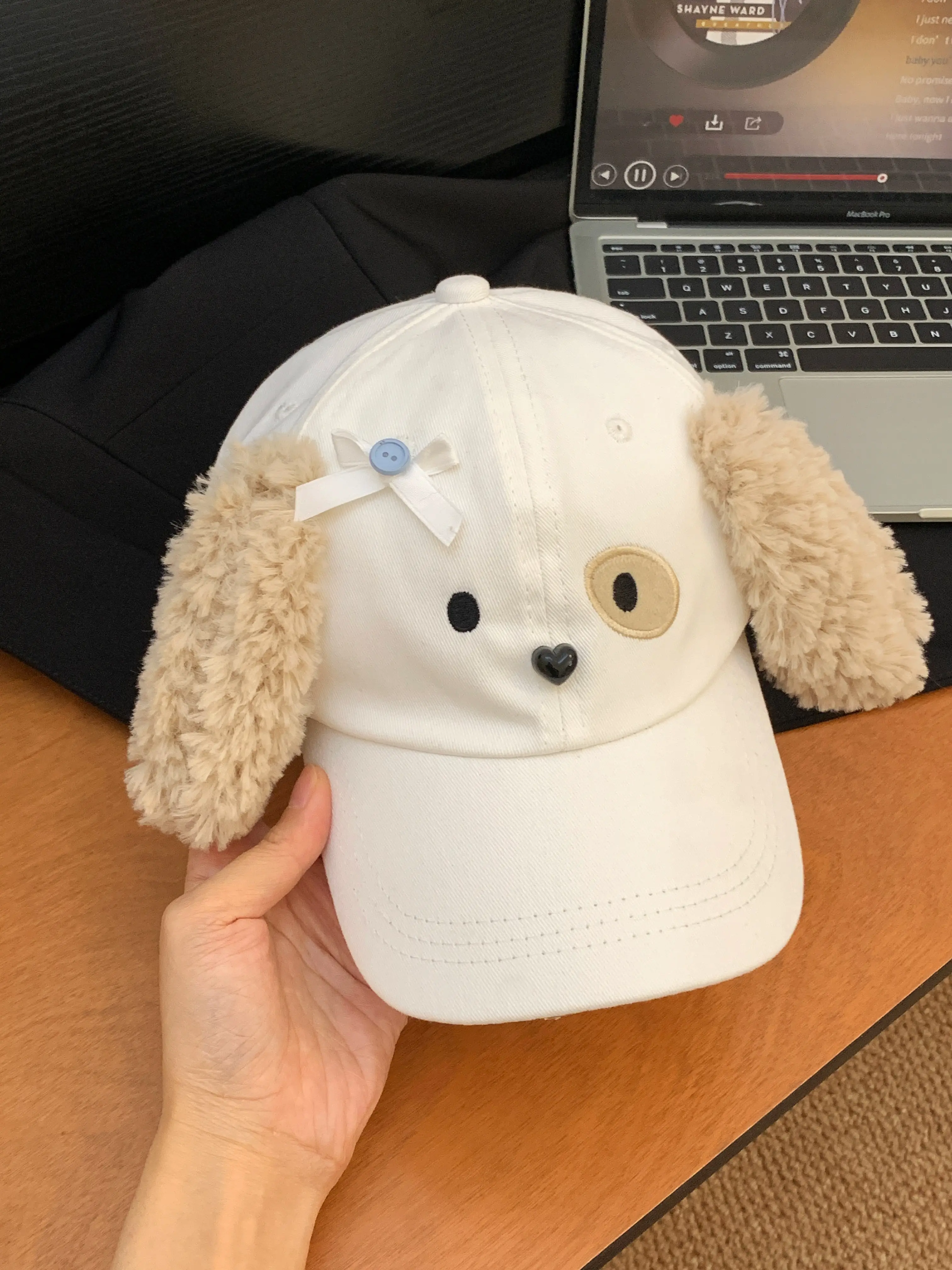 White Plush Bow Cap with Face-Showing Design for Women — feature 10