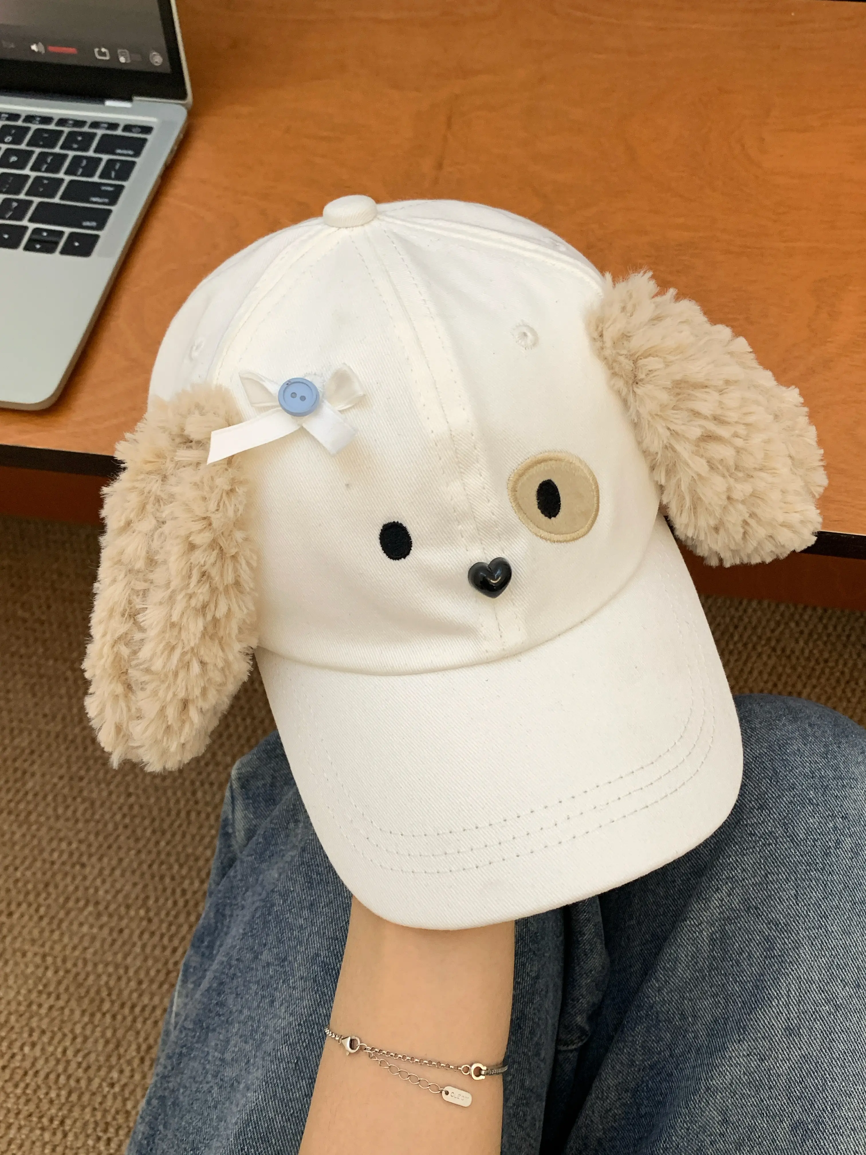 White Plush Bow Cap with Face-Showing Design for Women — feature 8