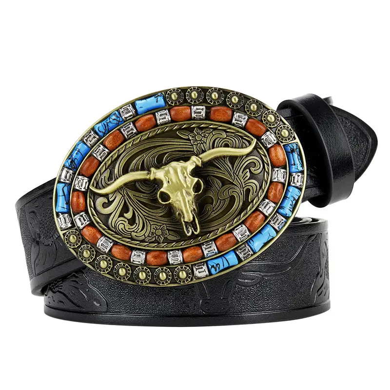 Men's Colorful Embellished Belt Brown Black - Image 7