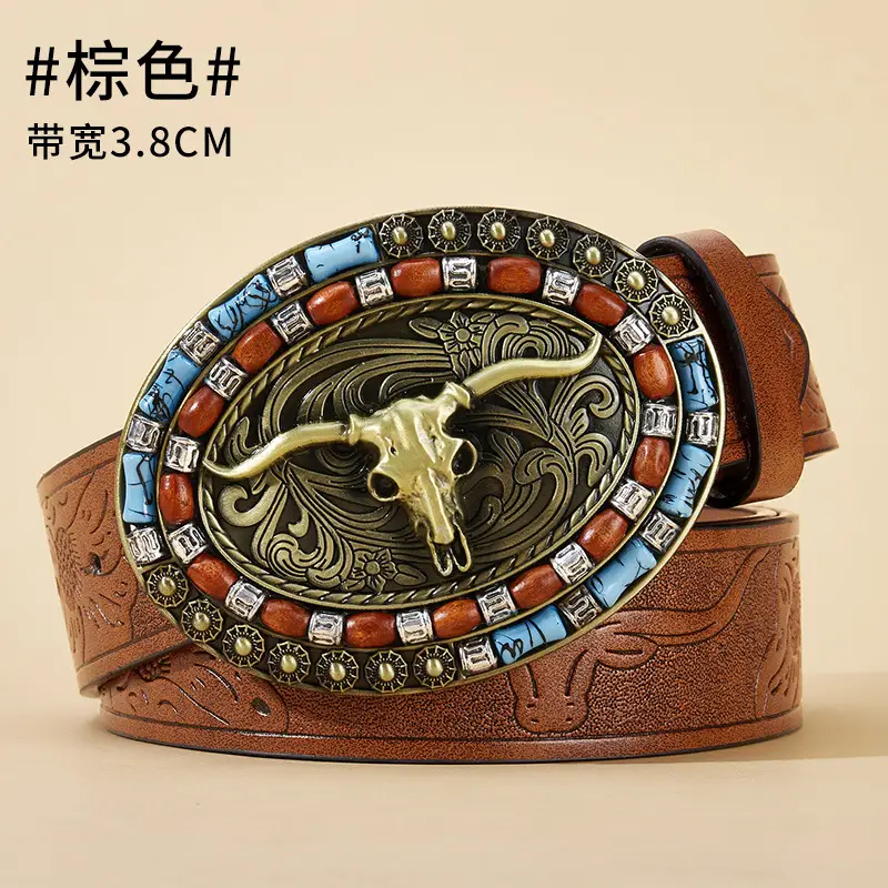 Men's Colorful Embellished Belt Brown Black - Image 2