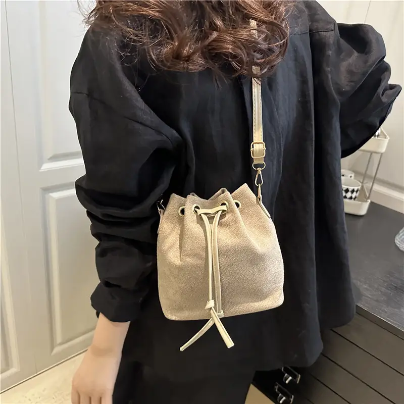Beige Drawstring Shoulder Bag for Women 2025