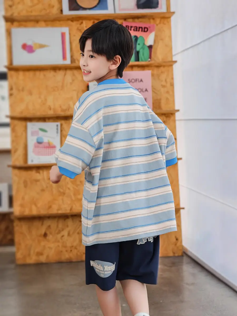 2025 Boys Striped T-Shirt Yellow Blue Round Neck - Image 3