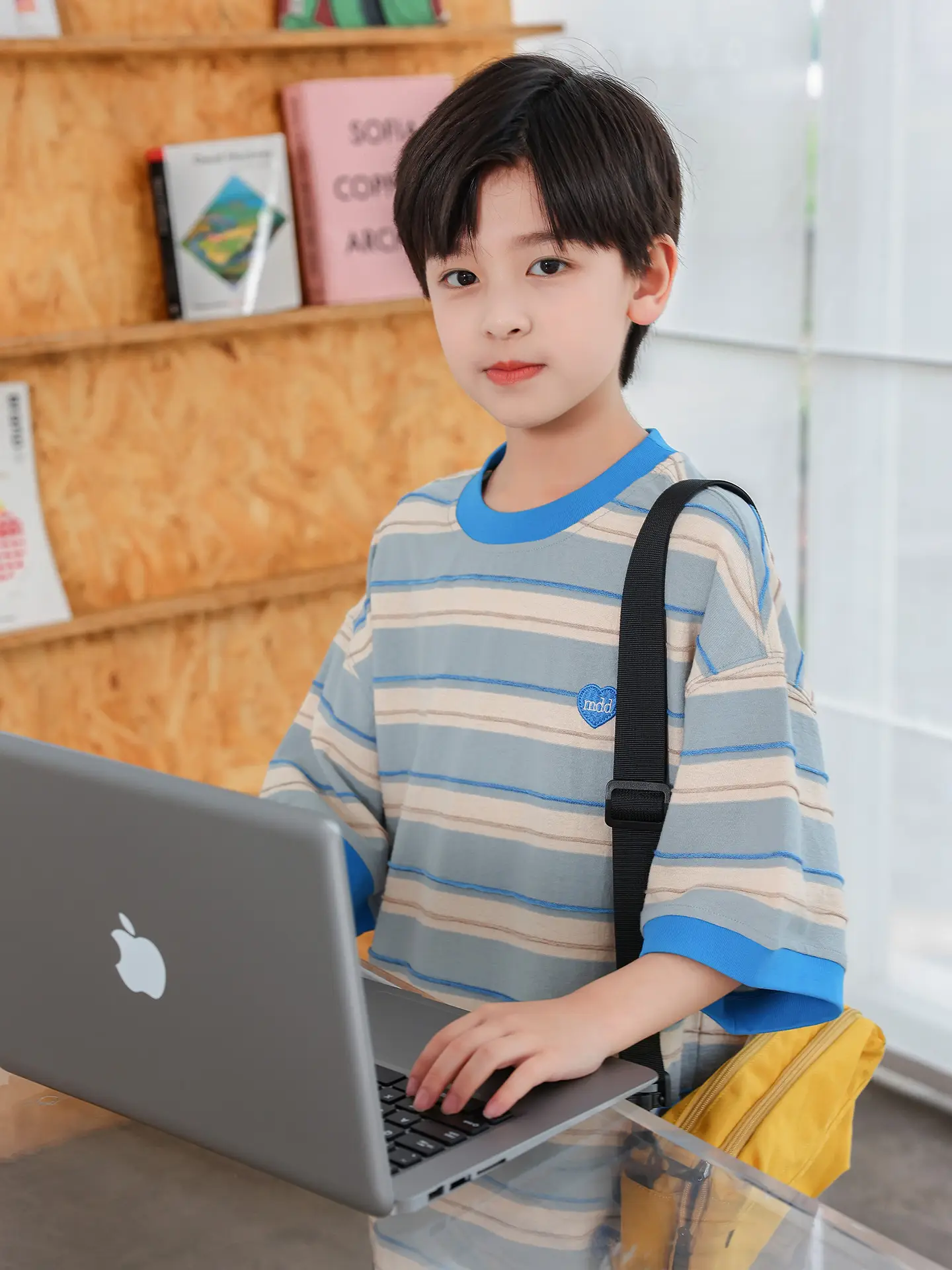 2025 Boys Striped T-Shirt Yellow Blue Round Neck - Image 4